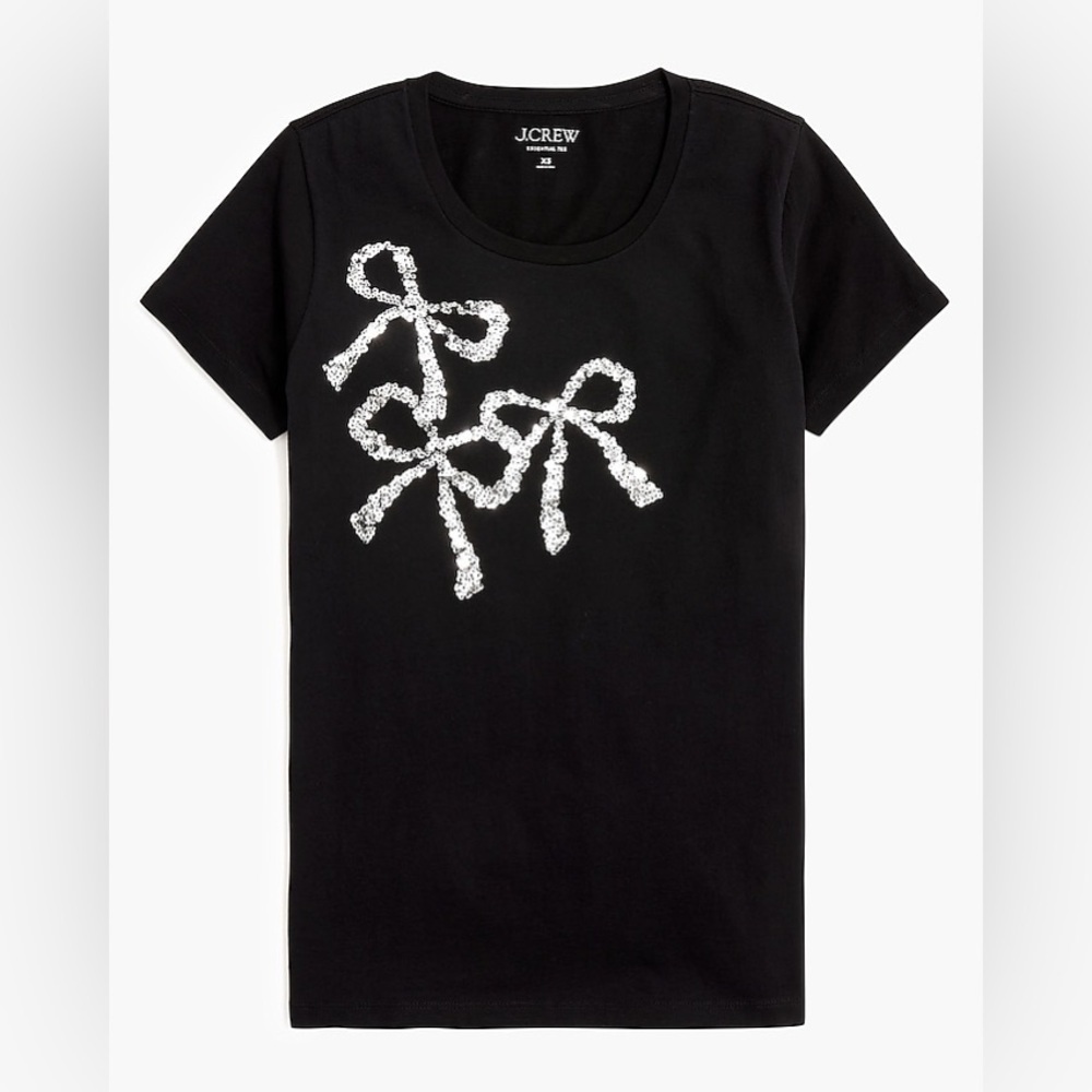 NWT J. Crew Silver Sequin Bows Black Graphic Tee Sz S Sold Out!